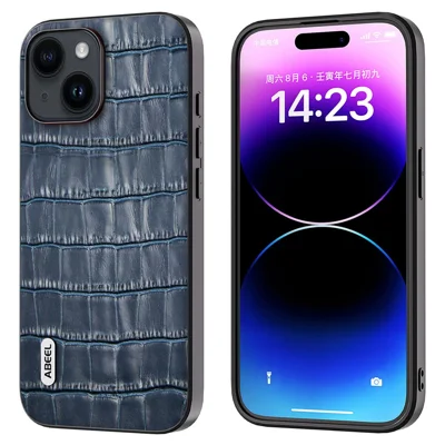 ABEEL For iPhone 15 Plus Phone Case Cowhide Leather + TPU + PC Crocodile Texture Cover - Blue