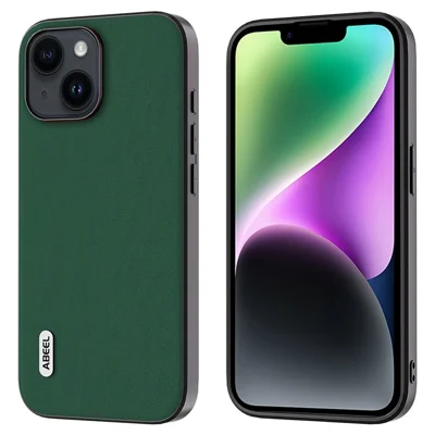 ABEEL For iPhone 14 Plus Shockproof Phone Case Cowhide Leather Coated PC+TPU Silky Feeling Cover - Green