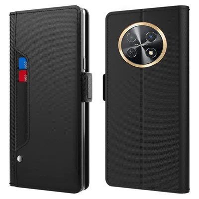 For Huawei nova Y91 4G Anti-Scratch Leather Cell Phone Case Mirror Card Holder Smartphone Desk Stand Design Cover - Black