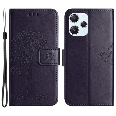 For Xiaomi Redmi 12 4G Owl Tree Imprinted Wallet Case PU Leather Stand Phone Cover - Dark Purple