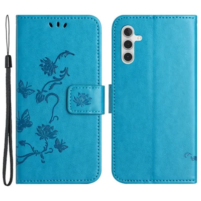 For Samsung Galaxy S23 FE PU Leather Wallet Phone Case Butterfly Flower Imprinted Stand Cover - Blue