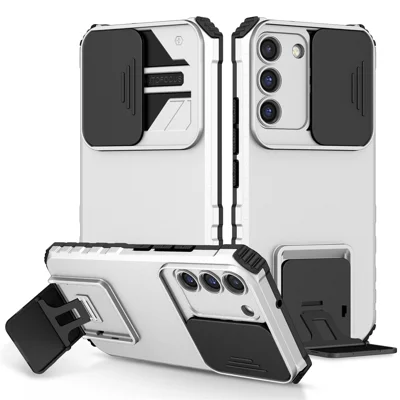 For Samsung Galaxy S22 5G PC+TPU Kickstand Cover Slide Lens Shield Phone Case - White