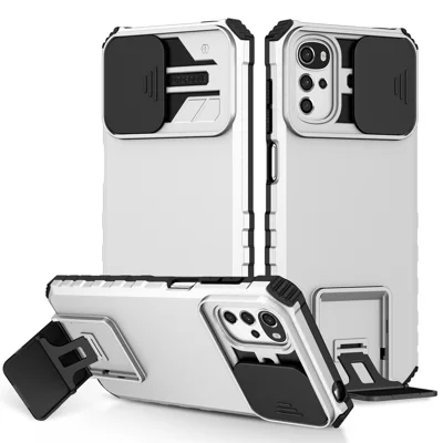 For Motorola Moto E32 4G / Moto G22 Slide Lens Shield PC+TPU Phone Cover Kickstand Back Case - White