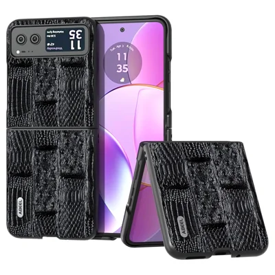 ABEEL For Motorola Razr 40 5G Mahjong Texture Cover Genuine Cow Leather+PC Anti-Shock Phone Case - Black