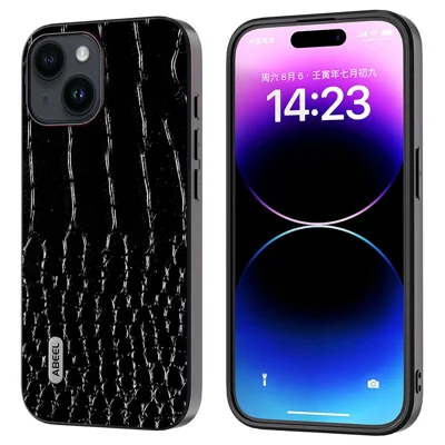 ABEEL For iPhone 15 Plus Crocodile Texture Phone Case Genuine Cow Leather+PC+TPU Anti-drop Cover - Black