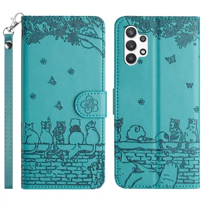 For Samsung Galaxy A13 4G / A04s 4G (164.7mm) /  A04 4G / M13 5G Shockproof Phone Cover Imprinted Stand Wallet Leather Phone Case with Strap - Blue