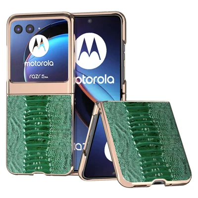 For Motorola Razr 40 Ultra 5G Crocodile Texture Thin Cover Genuine Cow Leather + PC Electroplating Phone Case - Green