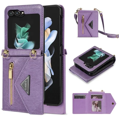 N.BEKUS For Samsung Galaxy Z Flip5 5G Phone Case PU Leather Coated PC Zipper Pocket Card Slots Cover with Shoulder Strap - Purple
