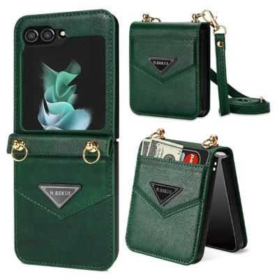 N.BEKUS Card Holder Phone Cover for Samsung Galaxy Z Flip5 5G , PU Leather Coated PC Protective Case with Lanyard - Green