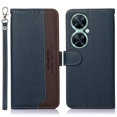 KHAZNEH RFID Blocking Leather Case for Huawei nova 11i , Litchi Texture Stand Wallet Phone Cover - Blue