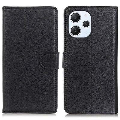 For Xiaomi Redmi 12 4G Wallet Stand Cover Classic Litchi Texture PU Leather Shockproof Phone Case - Black