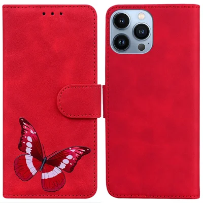 For iPhone 15 Pro Max Anti-scratch Flip Stand Wallet Case PU Leather Butterfly Printing Phone Cover - Red