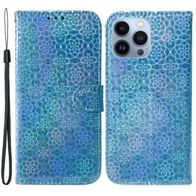 Stand-Geldbeutel-Hülle für iPhone 15 Pro Max, funkelndes Blumenmuster-Leder-Handyhülle - Blau