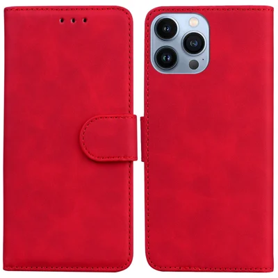 For iPhone 15 Pro Max Anti-Scratch Phone Case Stand PU Leather Wallet Solid Color Mobile Phone Cover - Red