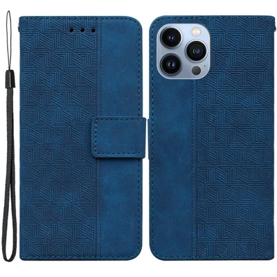 For iPhone 15 Pro Max Geometry Imprint PU Leather Phone Case Foldable Stand Wallet Cover - Blue