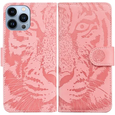 For iPhone 15 Pro Imprinted Tiger Phone Leather Case Stand Wallet Phone Cover - Pink