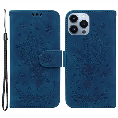 For iPhone 15 Pro Wallet Phone Case Stand Rose Butterfly Imprinted PU Leather Phone Cover - Blue