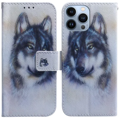 For iPhone 15 Pro Wallet Flip Phone Case PU Leather Pattern Printing Stand Magnetic Closure Cover - Wolf