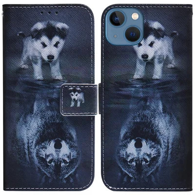 For iPhone 15 Plus Phone Case Pattern Printing PU Leather Stand Flip Wallet Cover - Dog and Wolf