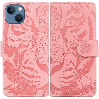 For iPhone 15 Plus PU Leather Imprinted Tiger Phone Case Wallet Stand Anti-drop Cover - Pink