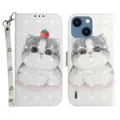 For iPhone 15 Plus PU Leather Fully Wrapped Wallet Cover 3D Pattern Printed Stand Phone Case with Strap - Cute Cat