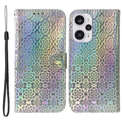 Carteira de Couro Caso para Xiaomi Redmi Note 12 Turbo / Poco F5 5G Padrão de Flor Cintilante Suporte de Telefone Capa - Cinza