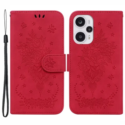 Capa de Carteira para Xiaomi Redmi Note 12 Turbo / Poco F5 5G, Capa de Telefone em Couro PU com Estampa de Rosa e Borboleta - Vermelha