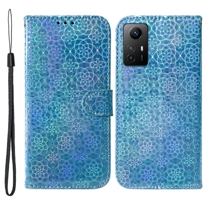 Leather Case for Xiaomi Redmi Note 12S 4G Dazzling Flower Pattern Phone Stand Wallet Anti-drop Cover - Blue