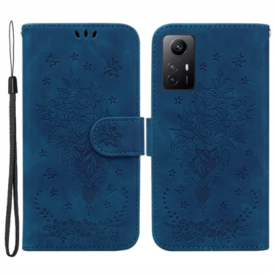Leather Phone Cover for Xiaomi Redmi Note 12S 4G , Rose Butterfly Imprinted Case with Stand Wallet - Blue