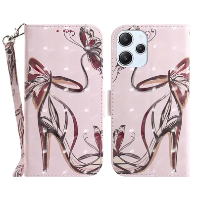Wallet Phone Case for Xiaomi Redmi 12 4G , 3D Pattern Printed PU Leather Stand Cover with Strap - Butterfly High Heels