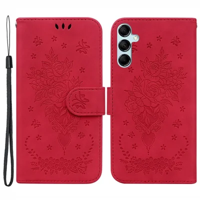 For Samsung Galaxy M54 5G / F54 5G Leather Wallet Stand Phone Case Imprinted Rose Butterfly Shell - Red