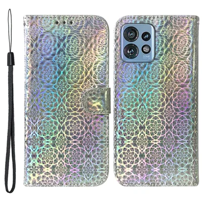 غطاء جلد بتصميم زهرة لامعة لهاتف Motorola Moto X40 5G / Edge+ (2023) / Edge 40 Pro 5G مع محفظة وحامل - رمادي