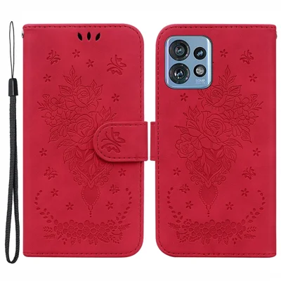 Phone Case for Motorola Edge 40 Pro 5G / Moto X40 5G / Edge+ (2023) , PU Leather Rose Butterfly Imprinted Stand Wallet Cover - Red