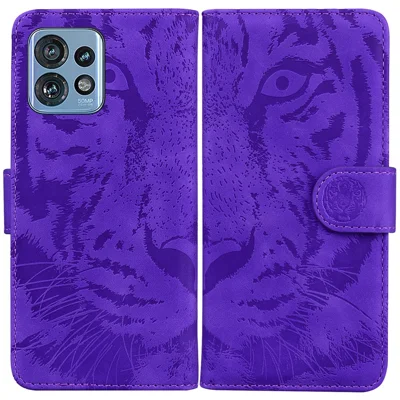 For Motorola Edge 40 Pro 5G / Edge+ (2023) / Moto X40 5G PU Leather Case Imprinted Tiger Wallet Stand Phone Cover - Purple