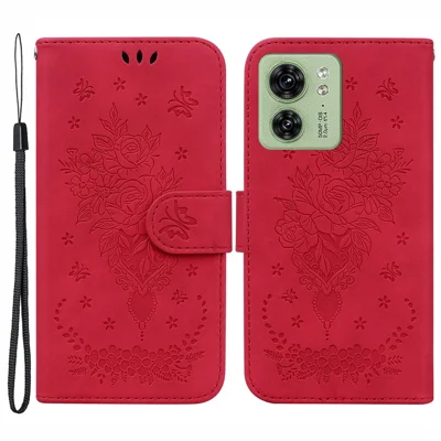 For Motorola Edge 40 5G PU Leather Stand Case Rose Butterfly Imprinted Wallet Phone Cover with Strap - Red