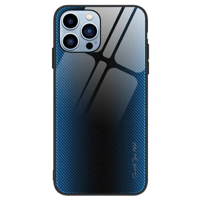For iPhone 15 Pro Carbon Fiber Texture Phone Case Tempered Glass+TPU Cell Phone Case - Baby Blue