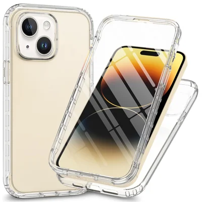 For iPhone 15 Plus Gradient Color Phone Case PC+TPU Shockproof Case with PET Screen Protector - Transparent