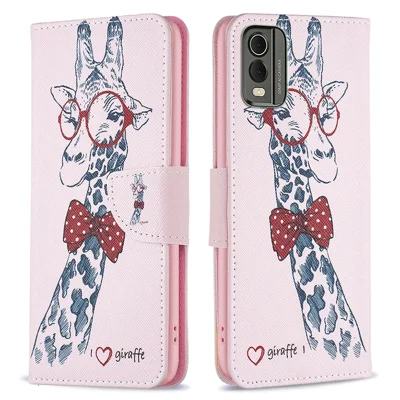 Para Nokia C32 Impressão de Padrão Telefone Capa de Couro PU Flip Wallet Cover - Girafa
