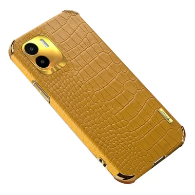 For Xiaomi Redmi A1 4G / A2 4G Crocodile Texture Leather Coated TPU Cover 6D Electroplated Phone Case - Yellow