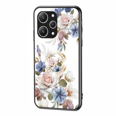 Flower Pattern Ring Kickstand Case for Xiaomi Redmi 12 4G Tempered Glass+PC+TPU Phone Cover - White Flower Bush