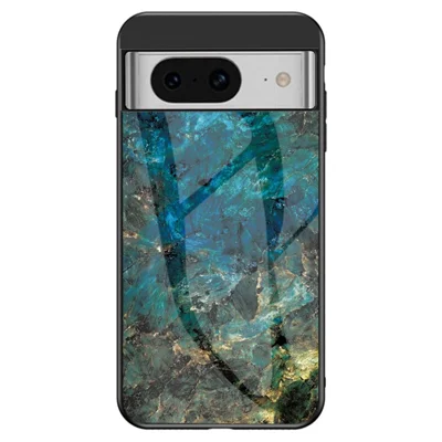 For Google Pixel 8 Marble Pattern Tempered Glass Case PC+TPU Protective Phone Cover - Emerald Marble