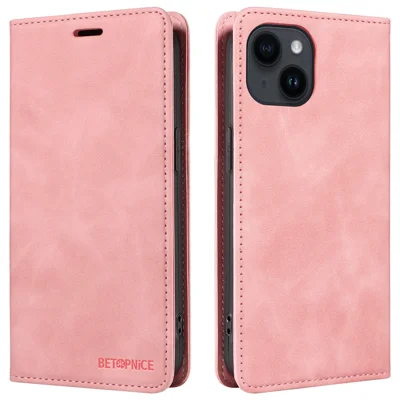 BETOPNICE 003 Custodia in pelle PU completamente avvolgente per iPhone 15 RFID Blocking Stand Wallet Phone Case - Rosa