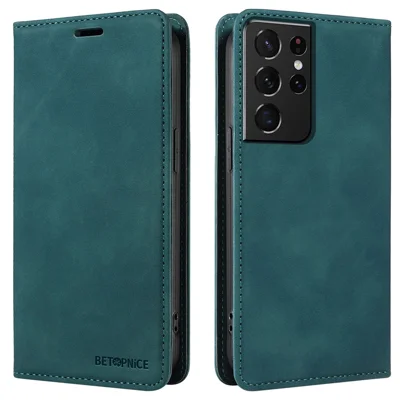 BETOPNICE 003 For Samsung Galaxy S21 Ultra 5G Leather Stand Phone Case RFID Blocking Wallet Cover - Green