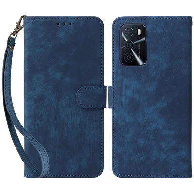 For Oppo A16 / A16s / A54 4G / A55 / A55 5G / A53s 5G / A54s Stand Phone Cover RFID Blocking Wallet Leather Case with Strap - Blue