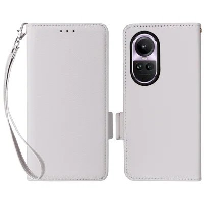Shockproof Wallet Phone Case for Oppo Reno10 5G CPH2531 (Global) / Reno10 Pro 5G CPH2525 (Global) Litchi Texture PU Leather Flip Stand Cover with Strap - White