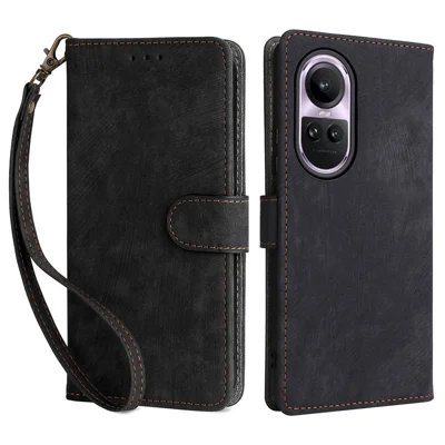 For Oppo Reno10 5G CPH2531 (Global) / Reno10 Pro 5G CPH2525 (Global) Shockproof Cover RFID Blocking Leather Wallet Phone Case with Strap - Black