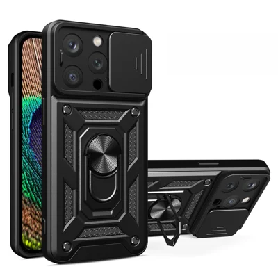 For iPhone 15 Pro Anti-Dust Cell Phone Case PC+TPU Kickstand Camera Lens Slide Cover Phone Shell - Black