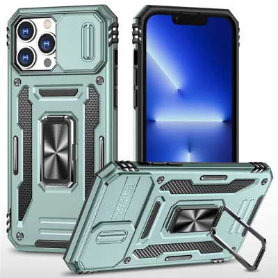 For iPhone 15 Pro Max Armor Series Metal Kickstand Cover Slide Camera Lid PC+TPU Phone Case - Green