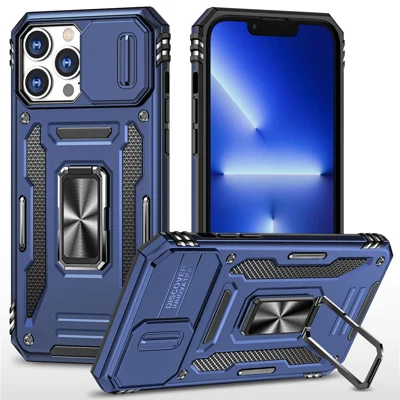 Armor Series For iPhone 15 Pro Slide Camera Lid Phone Case Metal Kickstand PC+TPU Cover - Navy Blue