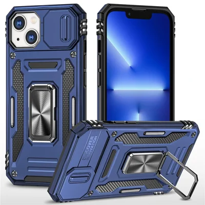 Armor Series For iPhone 15 Plus Slide Camera Lid Phone Case Metal Kickstand PC+TPU Anti-scratch Cover - Navy Blue